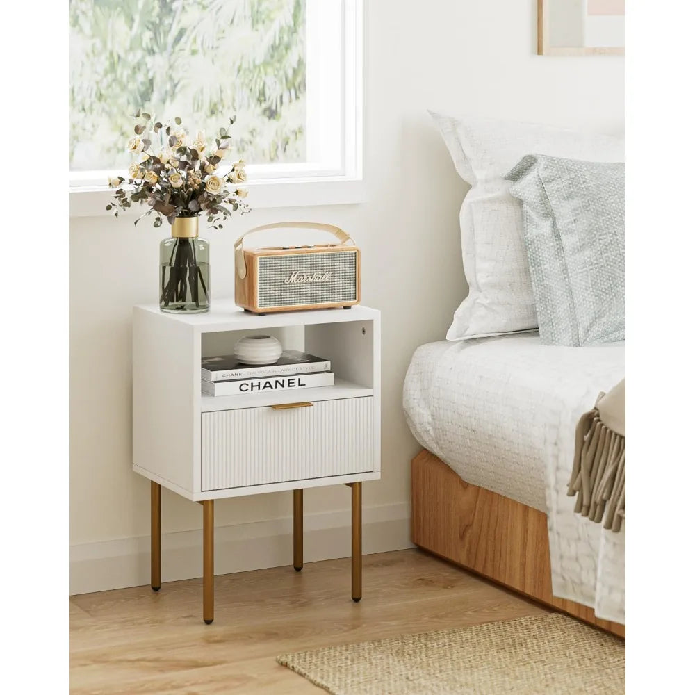 Nightstand,Small Bedside Table with Gold Frame,White Night Stand,Bedside Furniture,Side Table with Drawer and Shelf for Bedroom