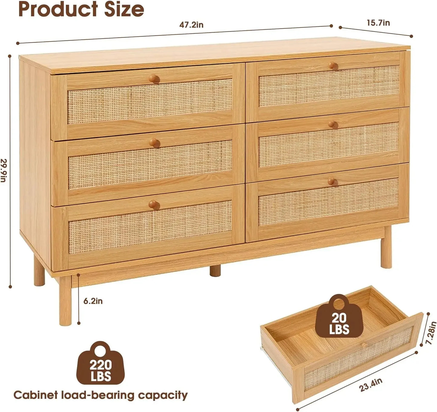 6 Drawer Rattan Dresser for Bedroom, Modern Wooden Chest of Dressers with Spacious Storage, Beside Table for Closet, Entryway