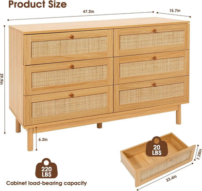 Commode en rotin à 6 tiroirs pour chambre à coucher, commode moderne en bois avec rangement spacieux, table de chevet pour placard, entrée