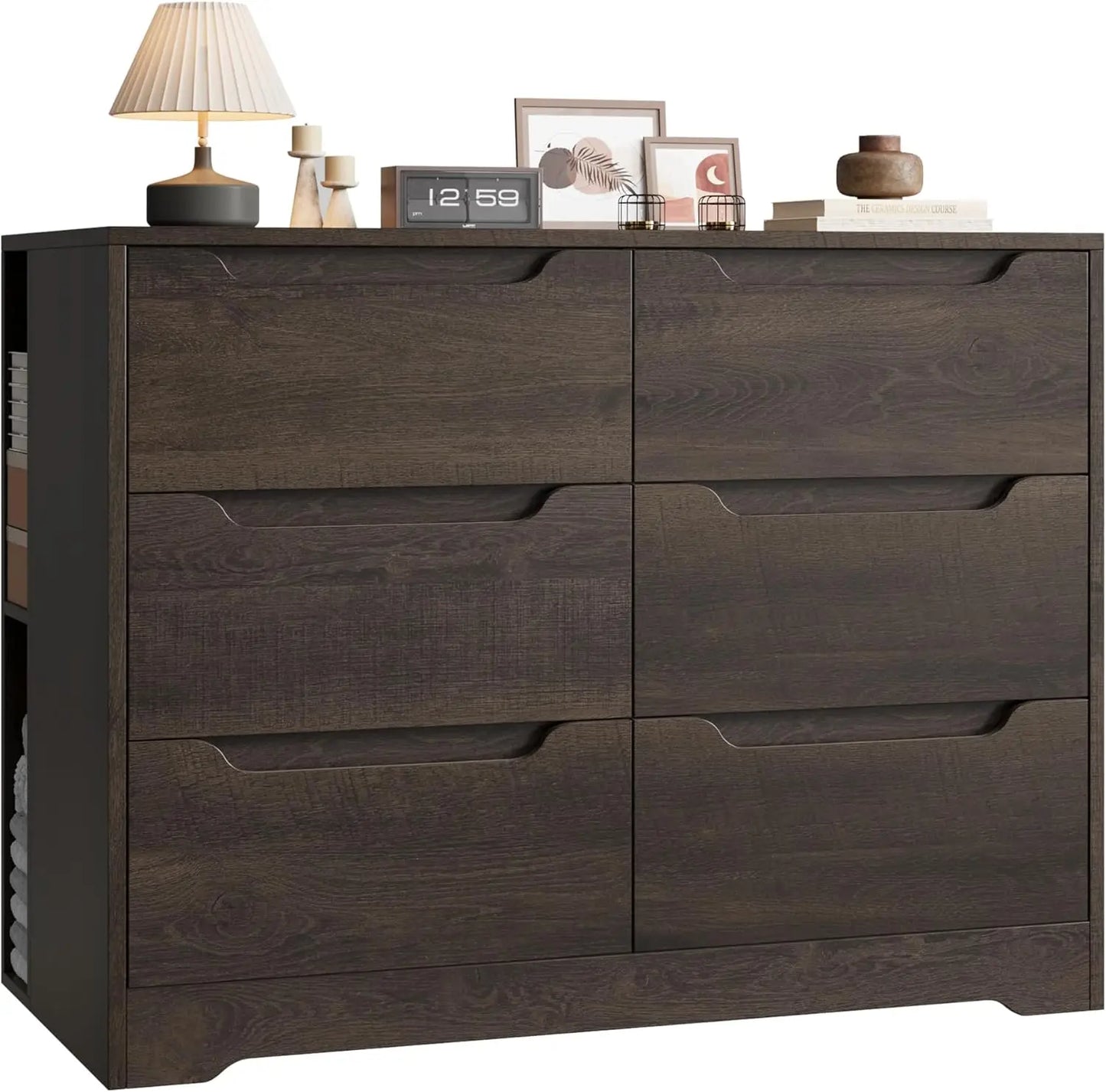 6 Drawer Dresser for Bedroom, Dresser with 4 Cubbies, Wood Chest of Drawers with Cut-Out Handles