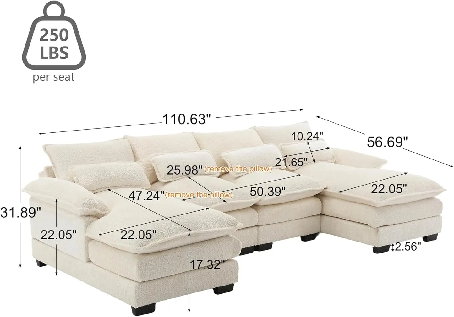 110" Sectional Sofa Cloud Couch for Living Room, Modern Chenille U Shaped Couch, Comfy Modular Sofa Sleeper with Double Chaise