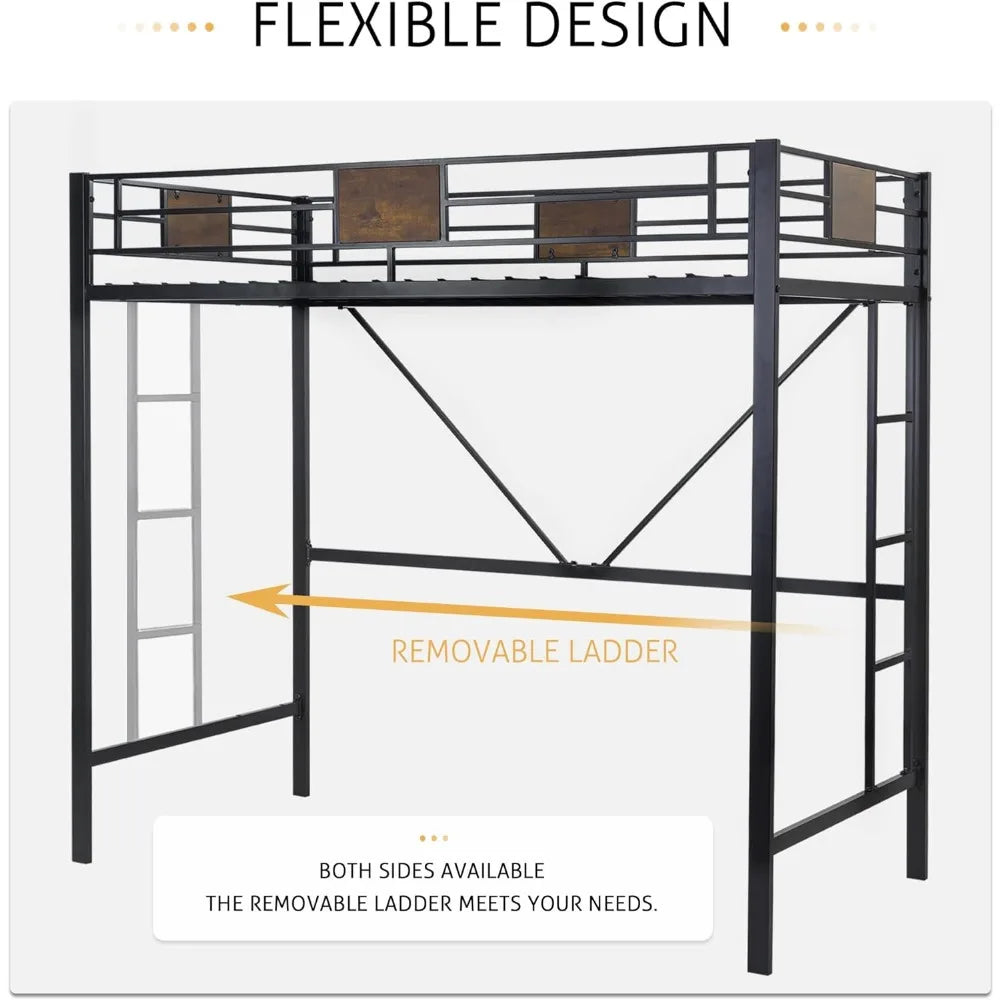 Metal Twin Loft Bed Frame with Stairs & Full-Length Guardrail, Space-Saving, Juniors and Adults, Noise Free, Strong Frame