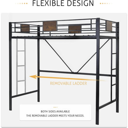 Metal Twin Loft Bed Frame with Stairs & Full-Length Guardrail, Space-Saving, Juniors and Adults, Noise Free, Strong Frame