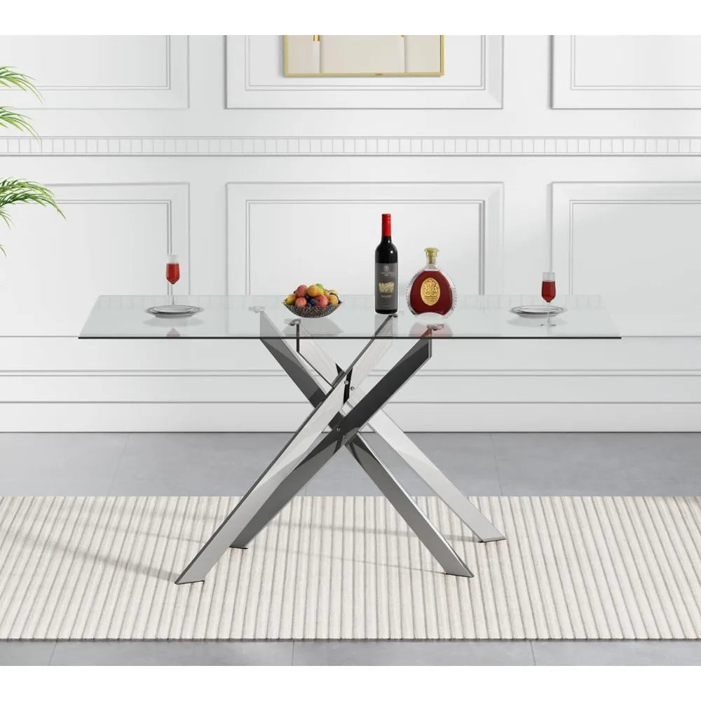 Mesa de comedor de vidrio Mesas de cocina modernas con tapa de vidrio para 4 personas con patas de metal cromado, mesa de comedor rectangular de 51 "Mesa de cocina