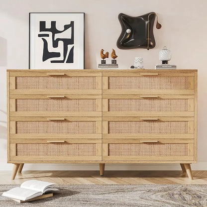 6/8 Drawer Double Dresser for Bedroom, Rattan Chest of Dressers, Modern Wooden Dresser Chest with Golden Handles