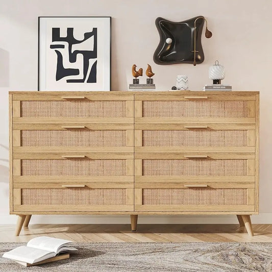 Commode double à 6/8 tiroirs pour chambre à coucher, commode en rotin, commode moderne en bois avec poignées dorées