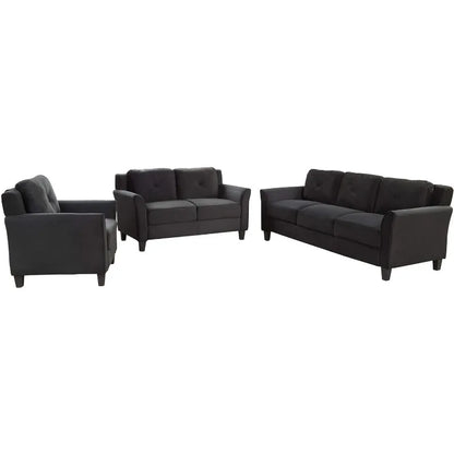 3 Pieces Sectional Sofa Set, Modern Style Button Tufted Upholstered Living Room Furniture, Black