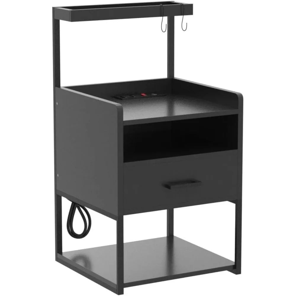 Nightstand with Charging Station and LED Lights, Nightstands with Drawer, End Side Table with Open Storage Shelves, Nightstand