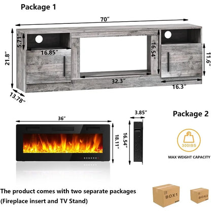 Fireplace TV Stand Entertainment Center with 36" Fireplace, 70" Wooden TV Stand for TVs Up to 80",Media TV Console with