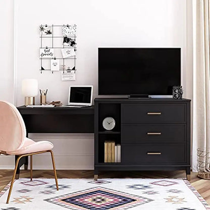 Westerleigh 3-in-1 Media Dresser Black Gold Accents Spacious Drawers Laptop Desk Safety Features 72.4"W x 19.6"D x 33.3"H