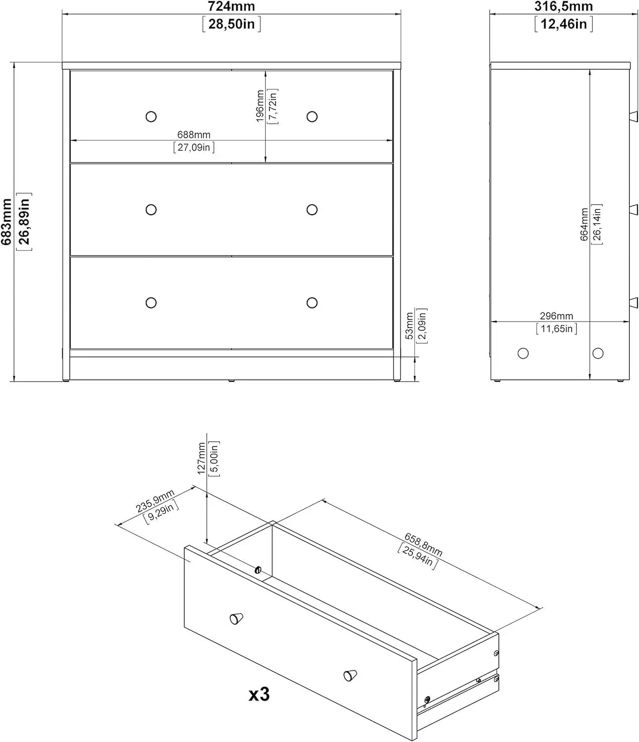 Cómoda de 3 cajones, armario de almacenamiento, mesita de noche moderna, para armario, sala de estar, pasillo, dormitorio, color blanco