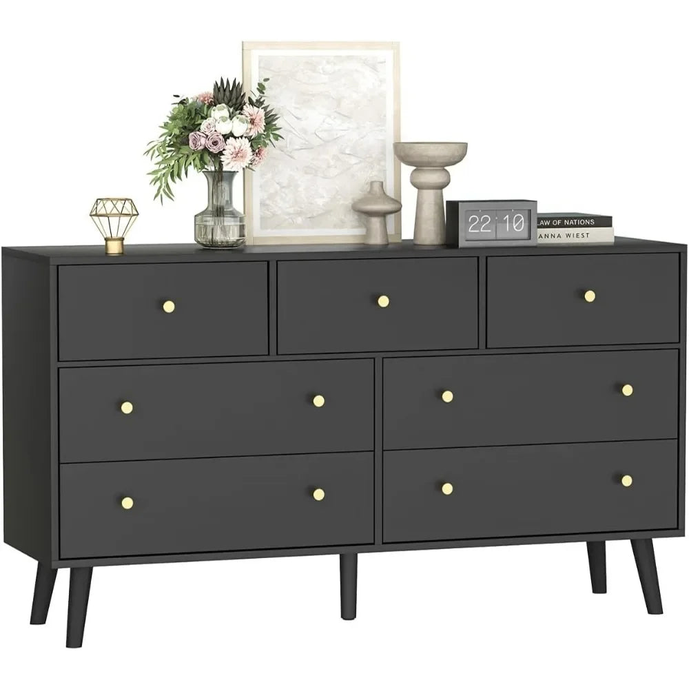 55” Black Dresser, 7 Drawer Dresser for Bedroom with Wide Drawers and Gold Knobs, Wood Dressers & Chests of Drawers Dressers