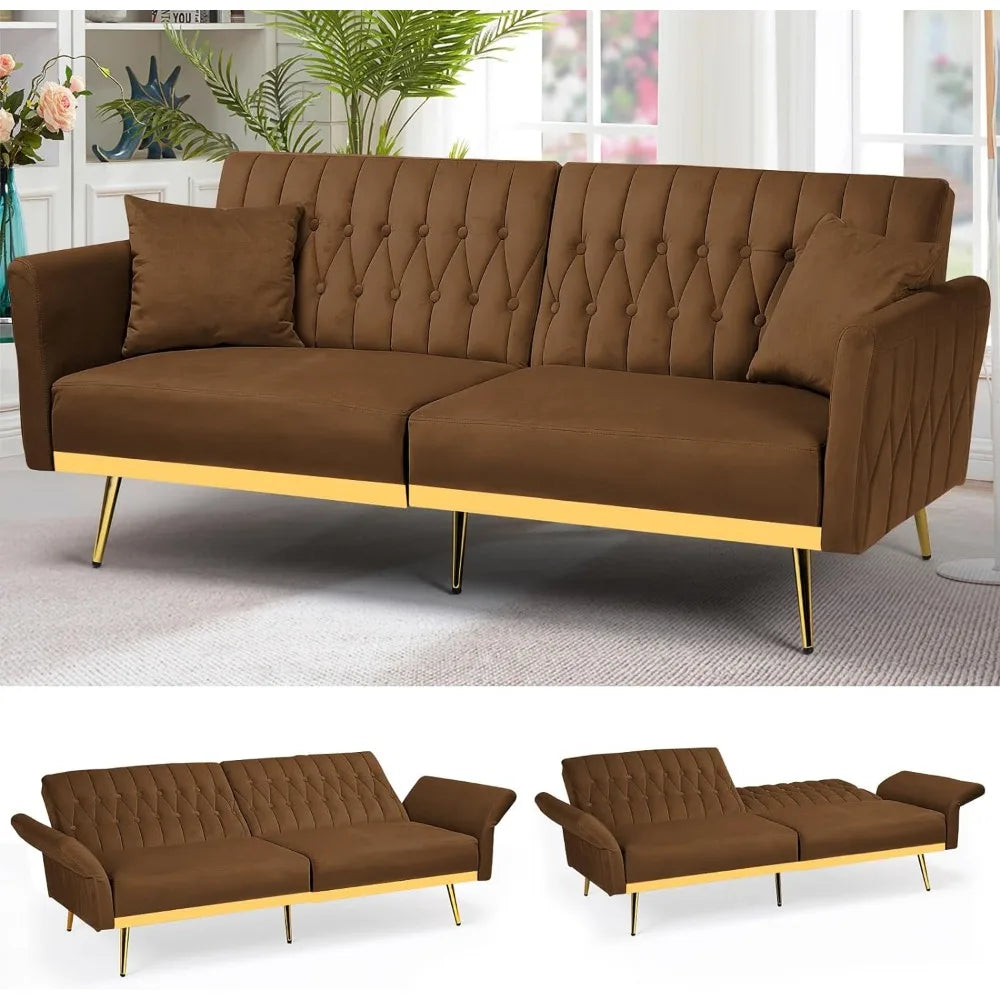 Canapé-lit futon en velours de 70 po avec dossiers et accoudoirs réglables, canapé-lit futon convertible avec deux oreillers, lit-lit capitonné