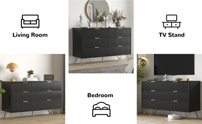 Commode noire, commode moderne à 6 tiroirs pour chambre à coucher avec poignées dorées, commode large pour salon