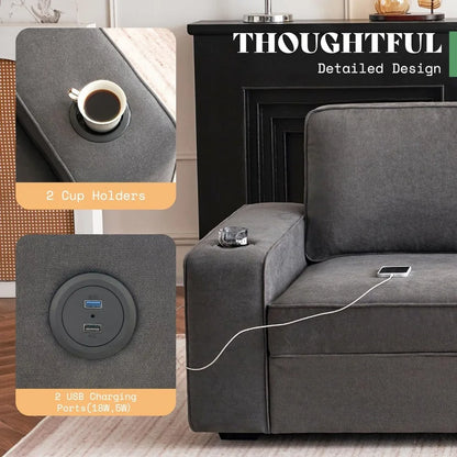 Modern Sofas for Living Room,89 inch Couch, 3-Seater Deep Seat Sofa with USB Charging Ports & Cup Holders,Charcoal Grey Chenille