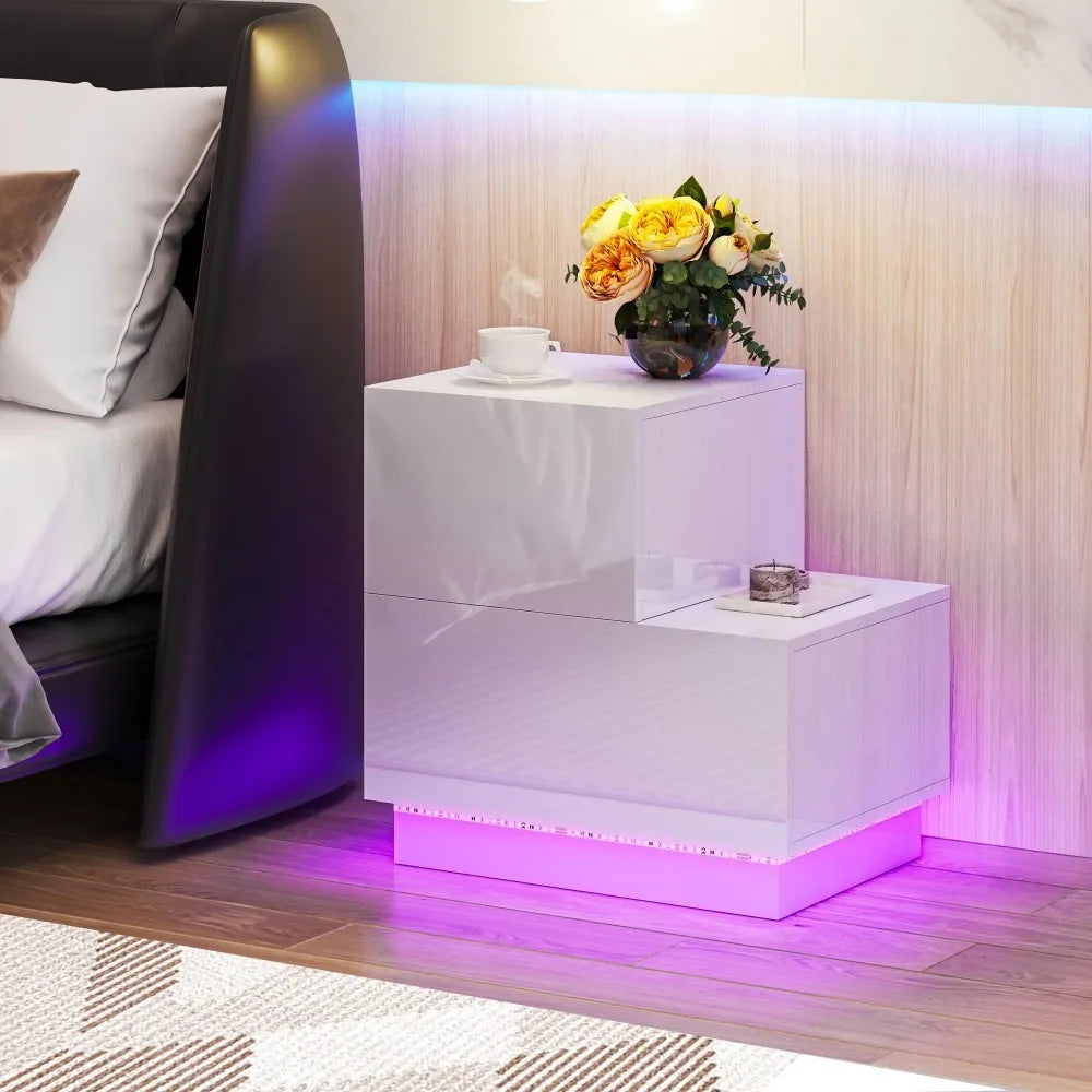 Mesita de noche para sala de estar, muebles para dormitorio, mesita de noche en forma de L con cajones, mesitas de noche, mesitas de noche con LED blancas, mesas de noche para el hogar