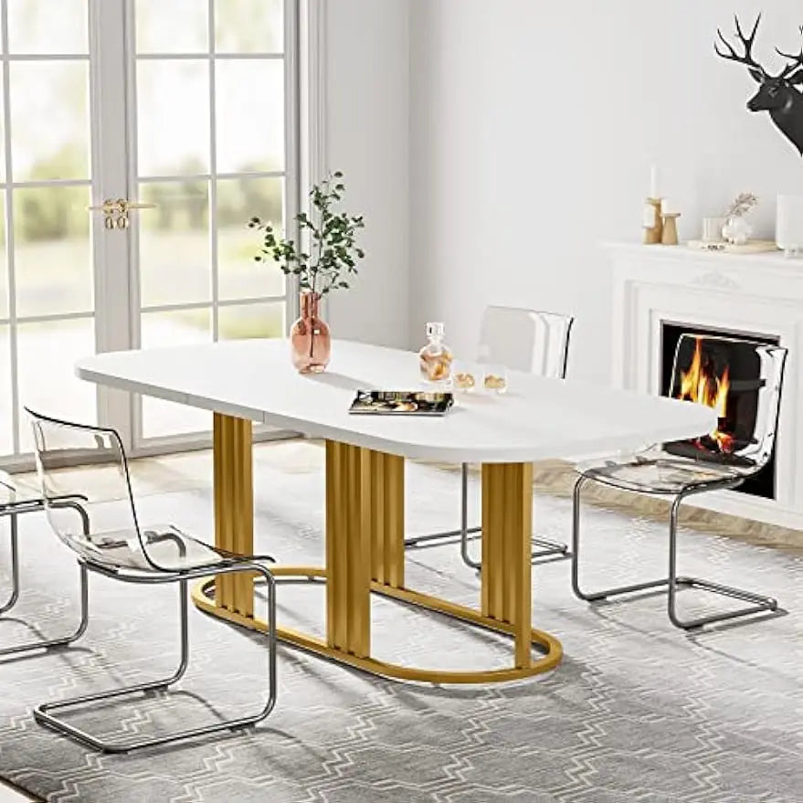 Dining Table for 6, 71” Modern Kitchen Table, Rectangular Dining Room Table with Heavy Duty Metal Frame (White/Gold)