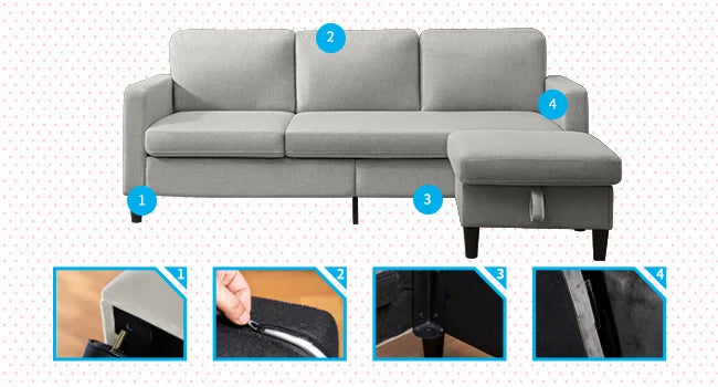 Sofa with storage ottoman 78" wide convertible combination L-shaped sofa, sofa with double chaise longue