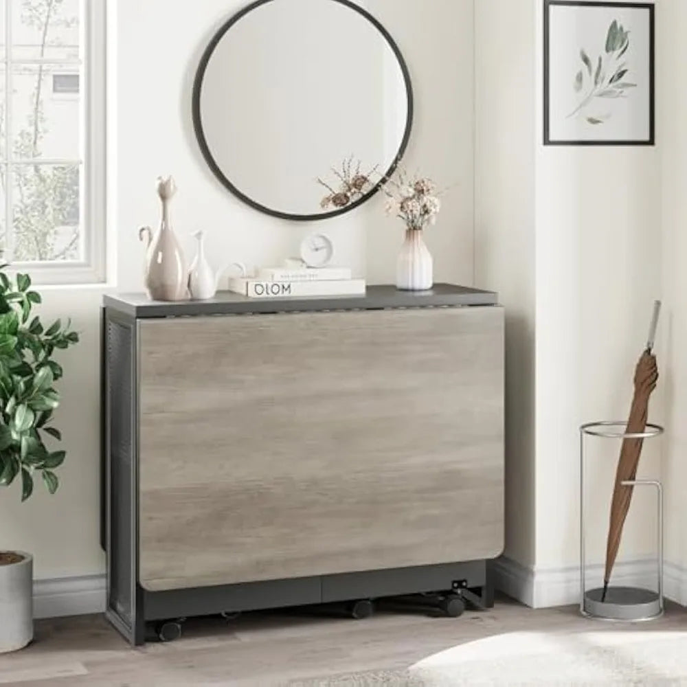 Table à manger pliante peu encombrante avec 2 niveaux d'espace de rangement pour table de cuisine extensible en bois de ferme à feuilles caduques