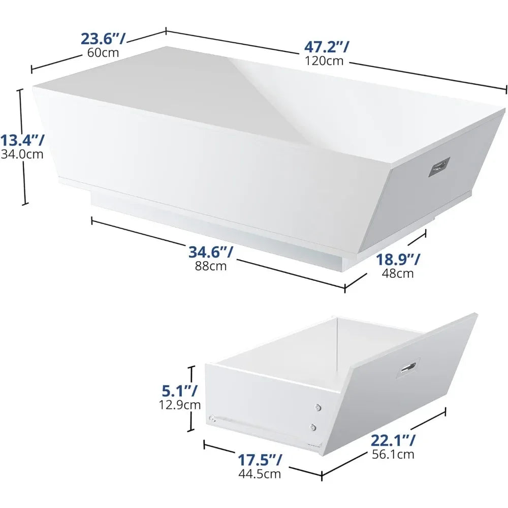 High Gloss Coffee Table with LED, Modern Center Table with 2 LargDrawers for Living Room, White, 47.2" W x 23.6" D x 13.4" H