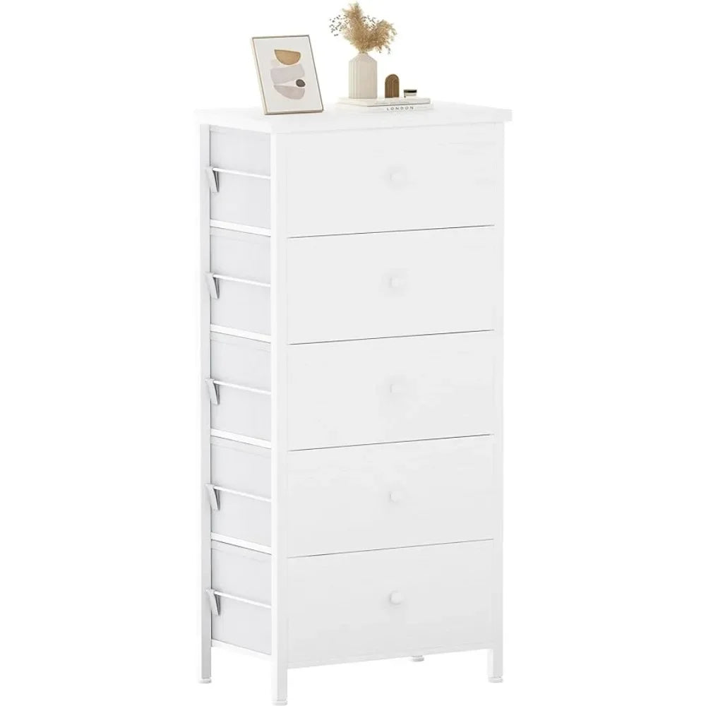 Grande commode blanche pour chambre à coucher 5 tiroirs et commodes en tissu Tour de rangement pour placard pour enfants et adultes Moderne