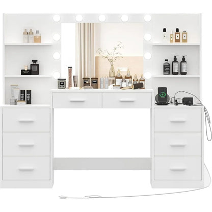 Coiffeuse avec miroir et lumières, avec multiprise, 3 modes d'éclairage, luminosité réglable, grand tiroir et six rangements ouverts