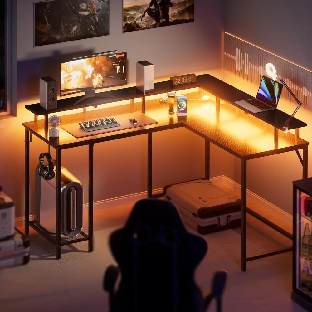 L-shaped gaming table with power socket and LED lights, computer desk with monitor stand, corner table with hooks, black