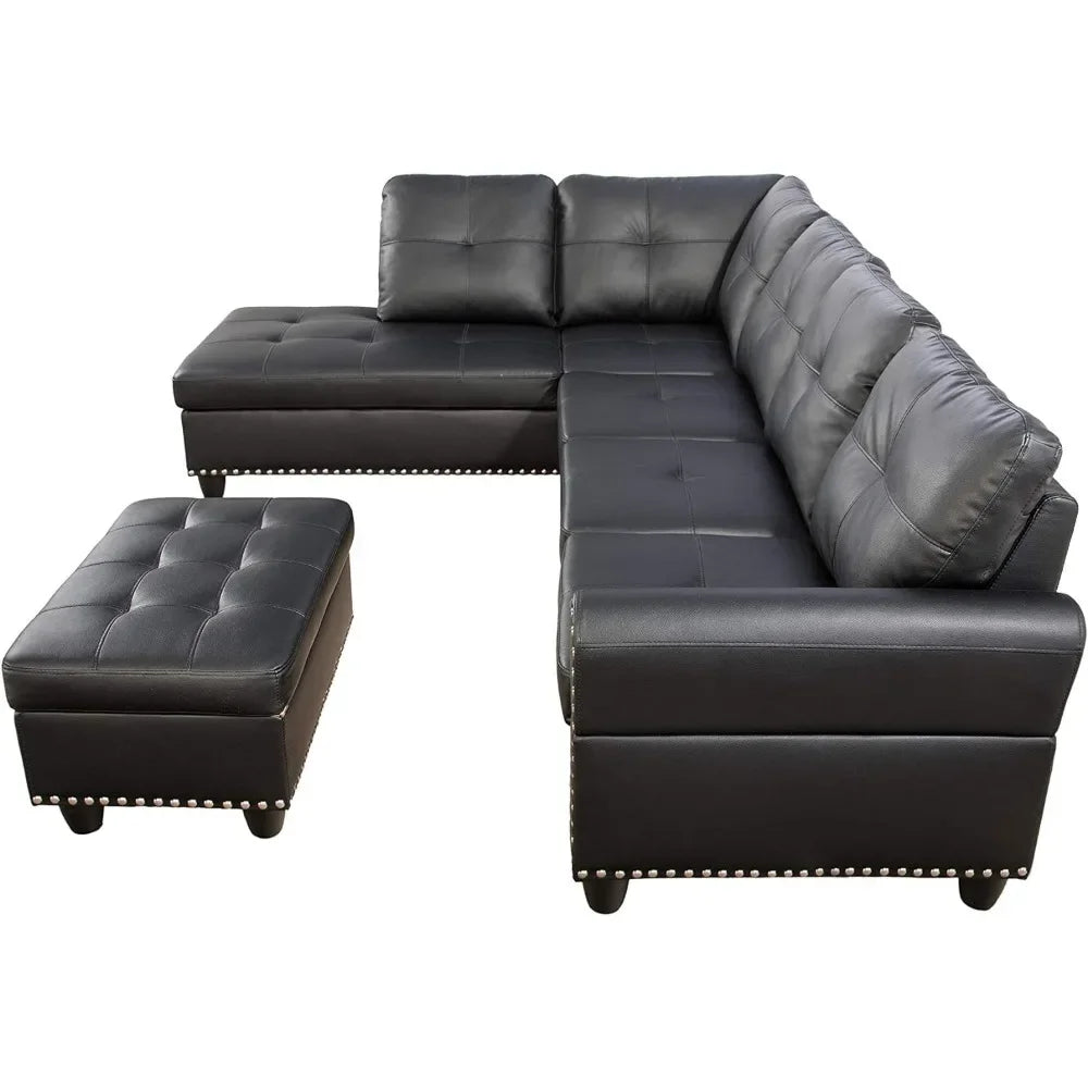 L-Shape 6 Seat Living Room Sofa, Faux Leather Upholstered, with Removable Ottoman, Black Sofa Bed