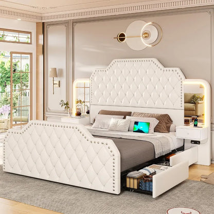 Queen Size 53” Tall Platform Bed Frame With 4 Storage Drawers Built in Charging Station & LED Bedroom White Headboards Under Bed