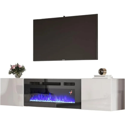 Floating TV Stand with 36" Electric Fireplace, High Gloss Finish Wall Mounted Fireplace Entertainment Center with Storage for