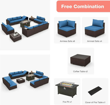 7/8/15pc High Back Outdoor Furniture Set,PE Rattan Sectional Sofa,Wicker Patio Conversation Set w/Cushion & Glass/Fire Pit Table