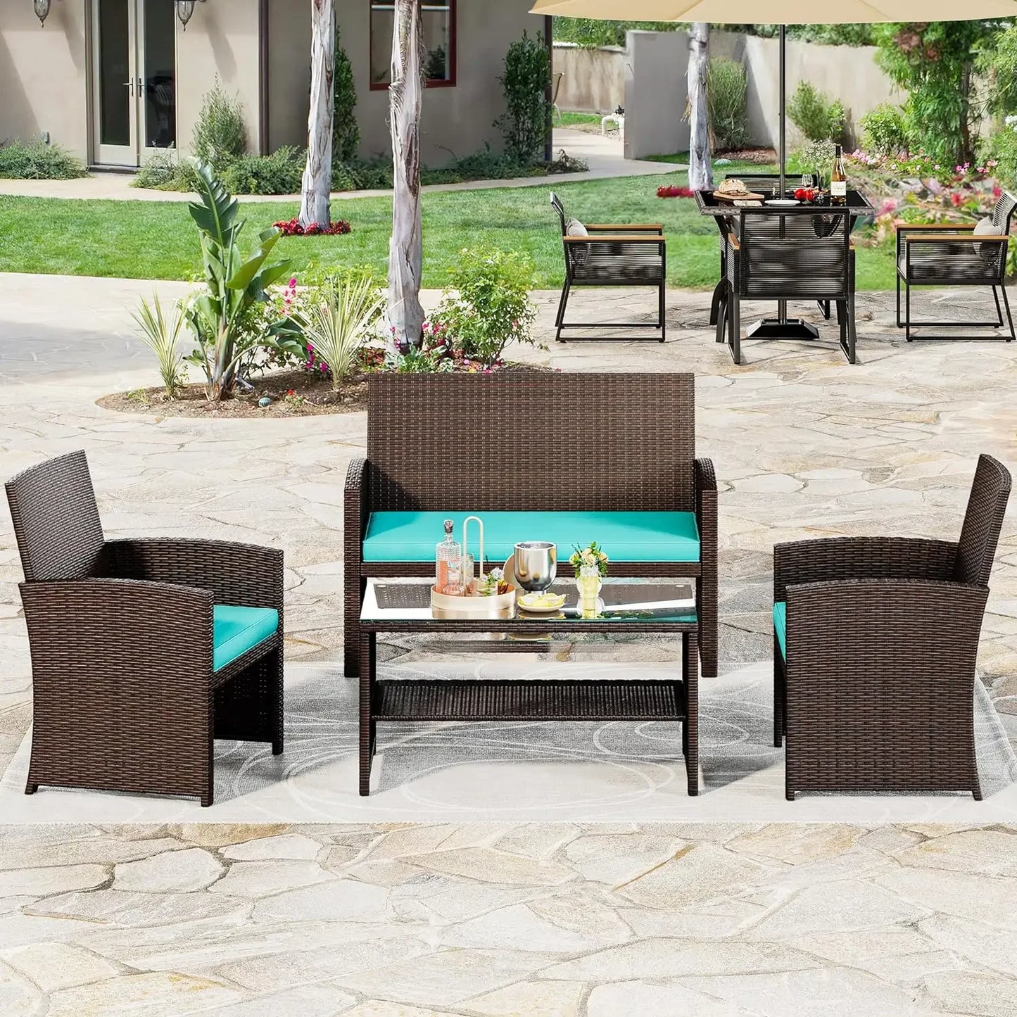 4-Piece Patio Furniture Wicker Outdoor Bistro Set, All-Weather Chairs , Balcony and Deck with Soft Cushions and Metal Table