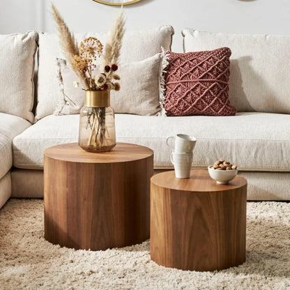 Nesting Coffee Table Set of 2, Walnut Round Wooden Coffee Tables Modern Circle Table for Small Space Living Room Bedroom Accent