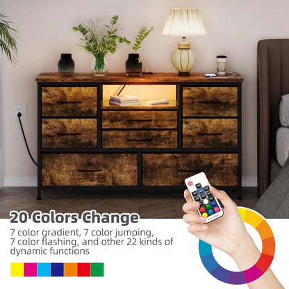 Meuble TV 8 tiroirs avec prise de courant et LED pour téléviseur 55'', commode longue pour chambre à coucher avec 8 tiroirs profonds, table console large