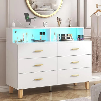 Commode à 6 tiroirs pour chambre à coucher, commode avec lumière LED et prise de courant, grande commode large pour armoire de rangement pour chambre à coucher