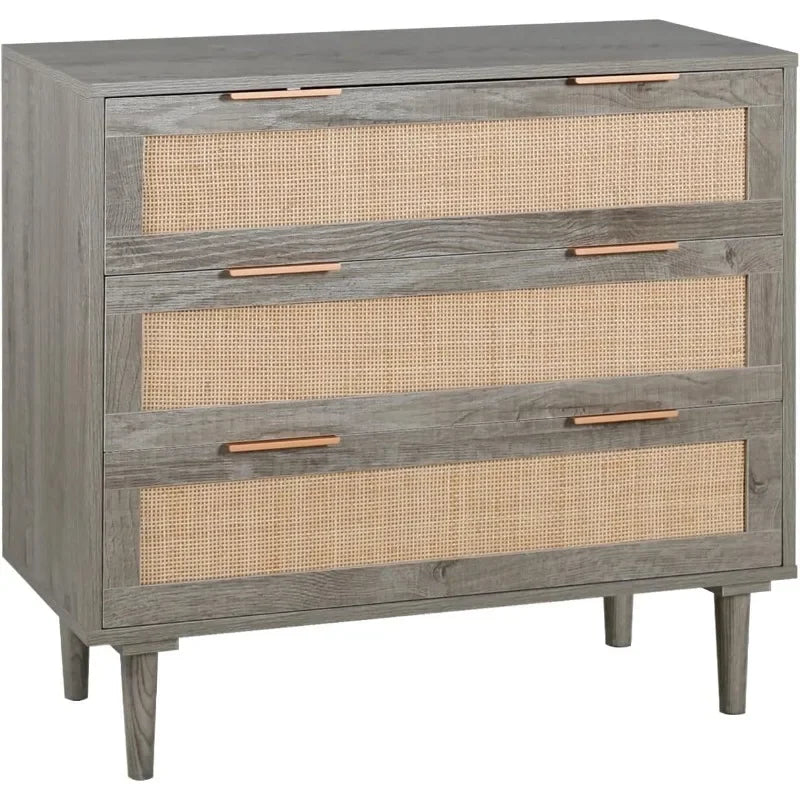 3 Drawer Dresser for Bedroom, Rattan Dresser Modern Closet Dressers Chest of Drawers, Wood Black 3 Drawer Storage Chest