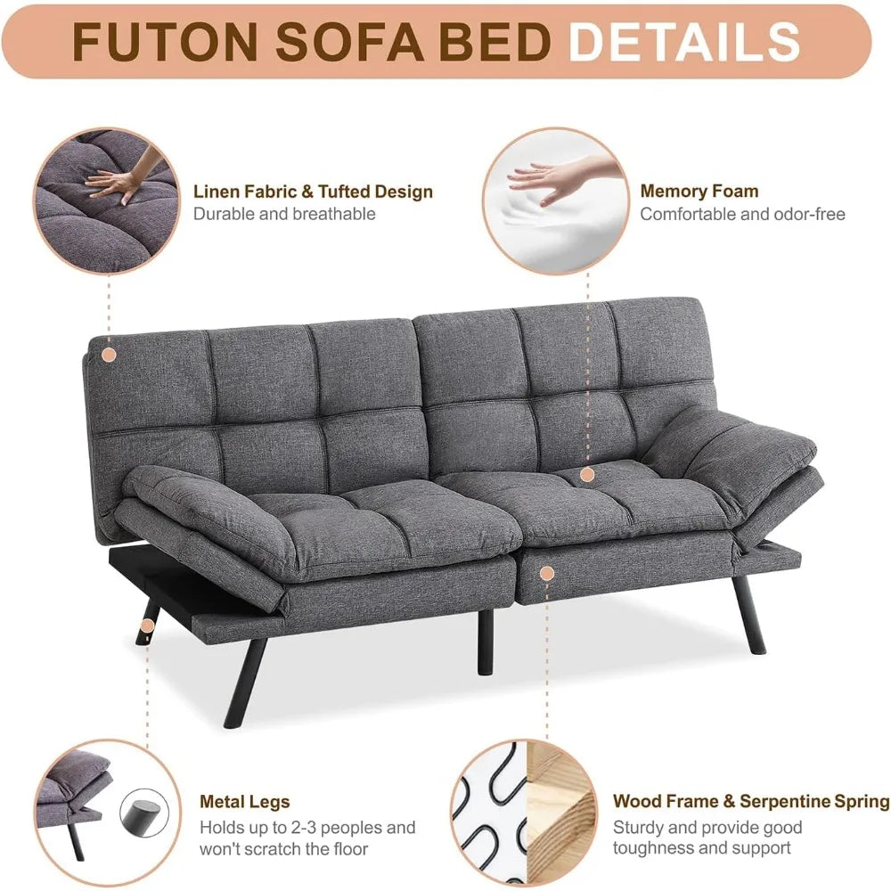 Bed Couch Memory Foam Convertible Modern Sleeper Sofa with Adjustable Armrests and Metal Legs, Grey Sofabed