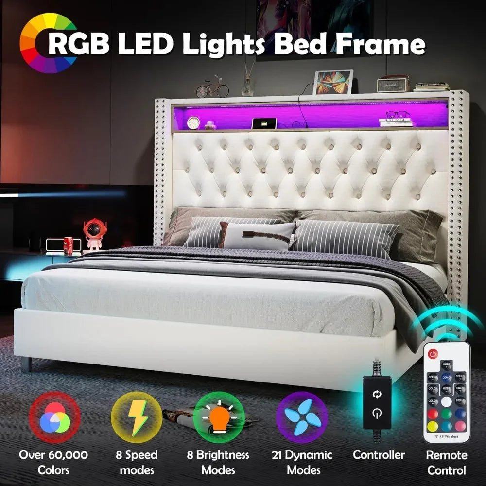 LED King Size Bed Frame and Headboard with Charging Station Velvet Upholstered Beds, No Box Spring Needed, King Size  Bed Frame