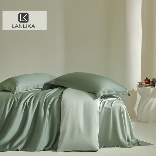 Juego de cama Lanlika Double Green Nature 100 % seda, edredón sedoso, funda de edredón, sábana plana, juego de ropa de cama tamaño queen y king, funda de almohada