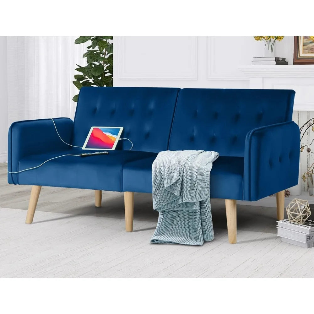 65“ Convertible Futon Sofa Bed w/ 2 USB, Upholstered Tufted Small Adjustable Folding Couch Loveseat, Mid Century Sleeper Sofa