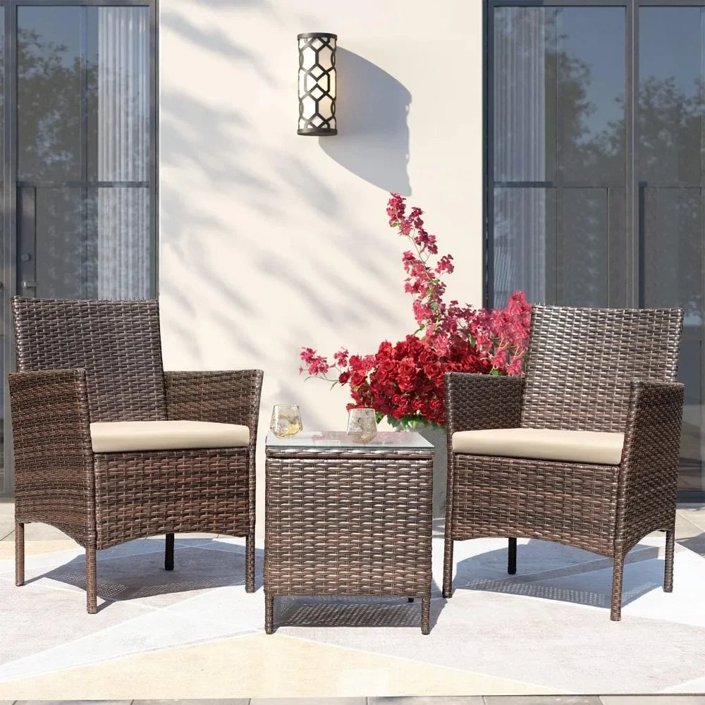 3 Pieces Patio Furniture PE Rattan Wicker Chair Conversation Set, 26.6x12.1x19.3 inches, Assemble Easily, Sturdy&Durable