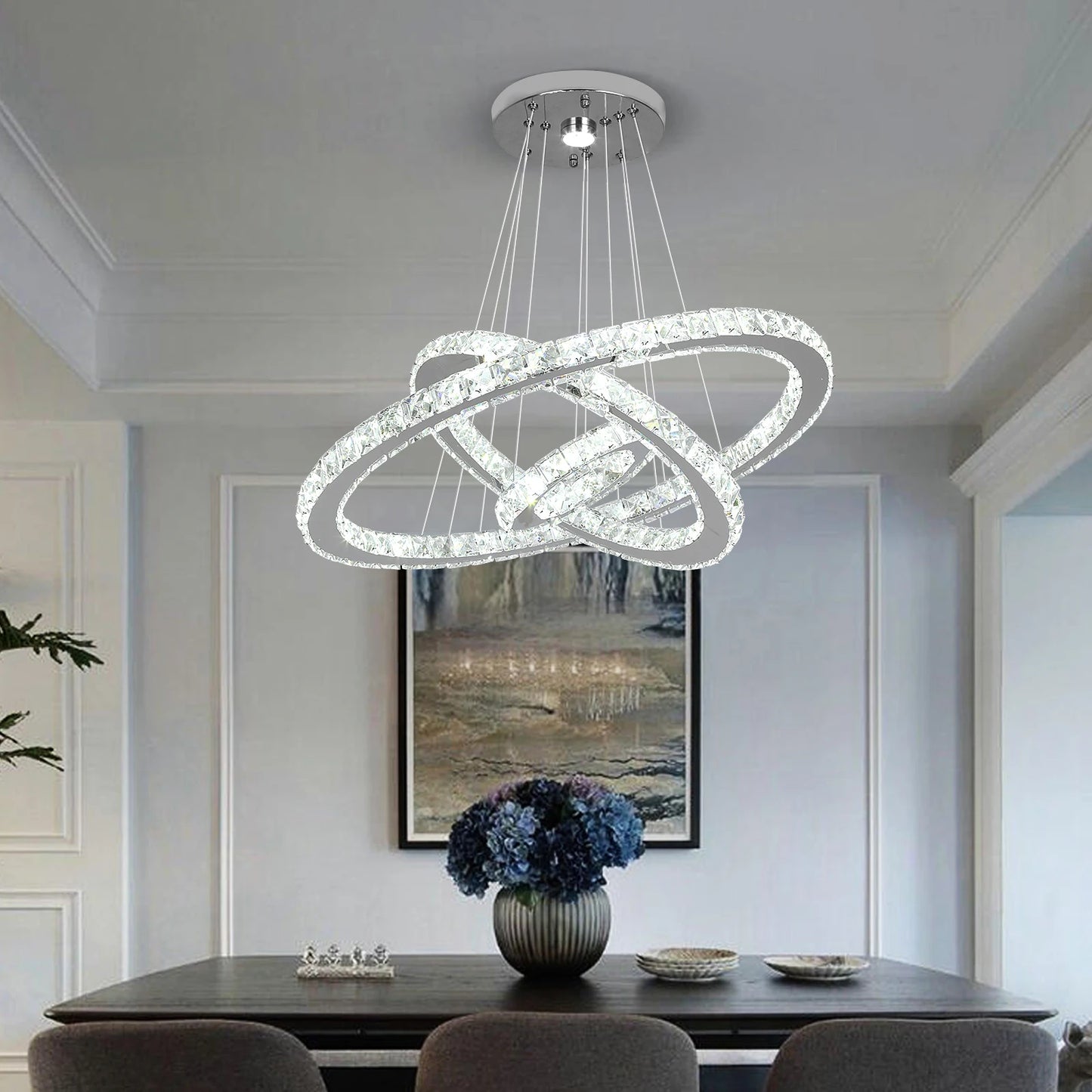 Luxury Crystal Led Chandelier Lamp Home Luminaire Rings Adjustable Pendant Light Fixture With Remote Control Bedroom Living Room