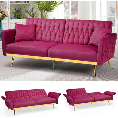 Canapé-lit futon en velours de 70 po avec dossiers et accoudoirs réglables, canapé-lit futon convertible avec deux oreillers, lit-lit capitonné