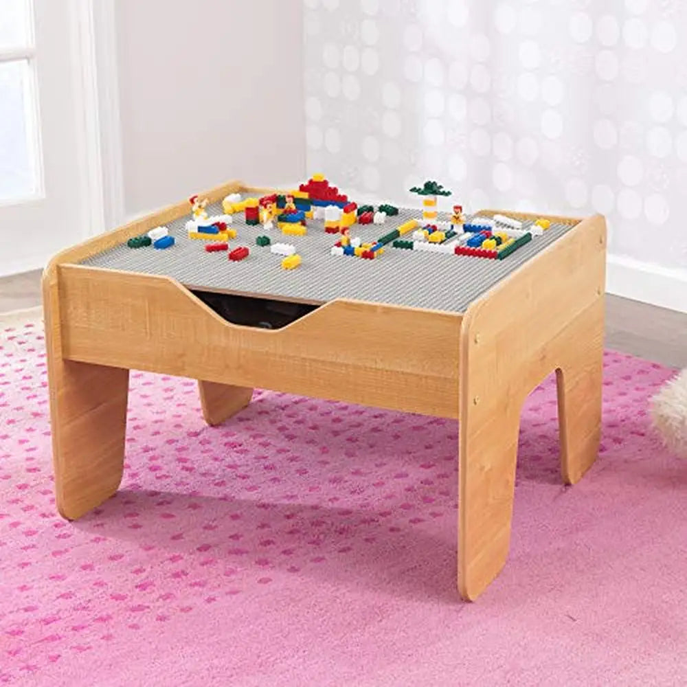 Interactive Wooden Activity Table with 195 Building Bricks and Hidden Storage Gray & Natural Theme