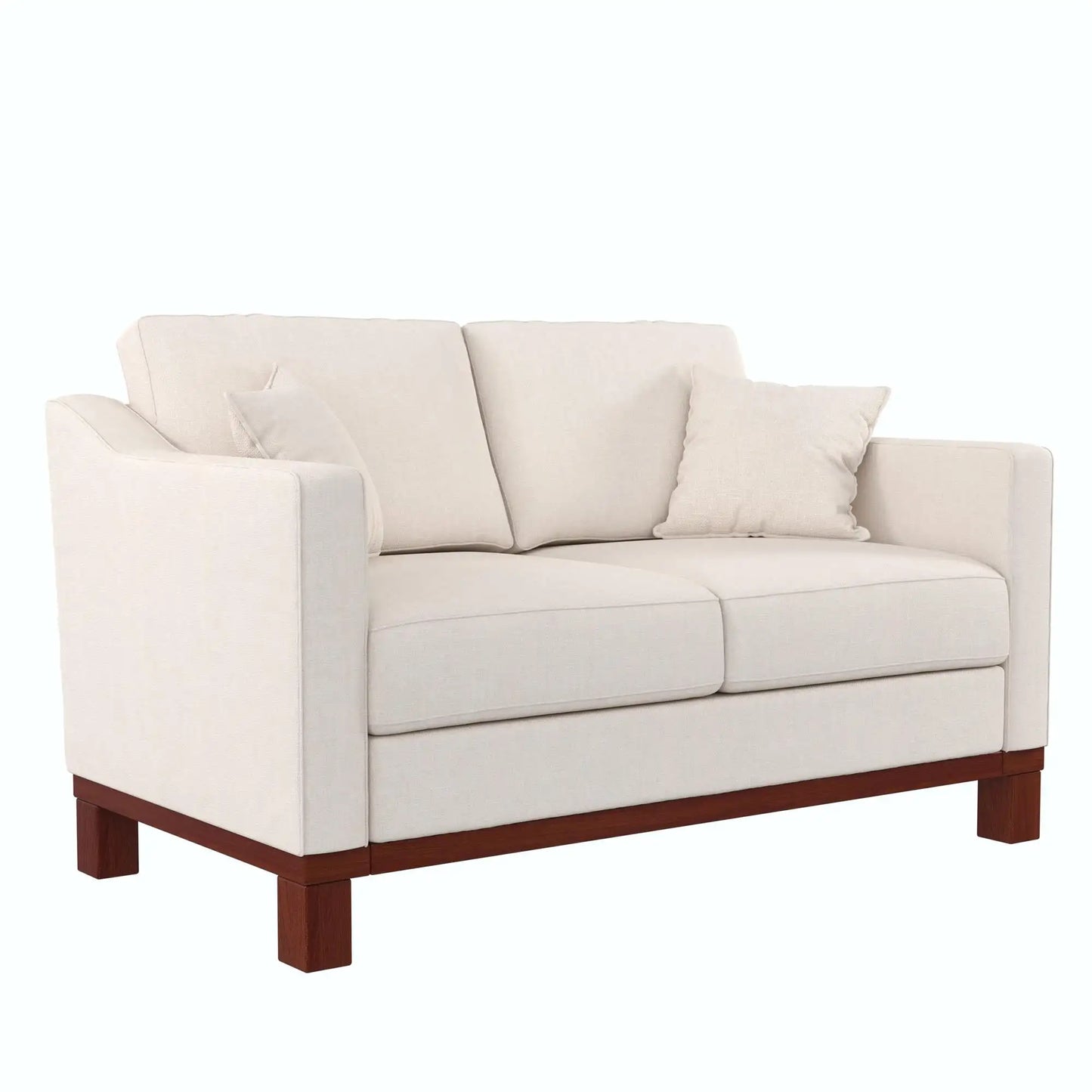 Brooklyn Upholstered Wood Base Loveseat with 2 Throw Cushions, Textured Beige