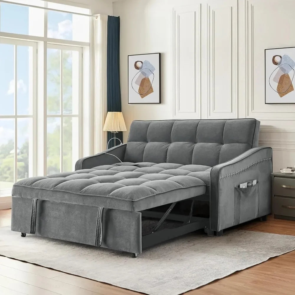 3 in 1 Sleeper Sofa Couch Bed with USB & Type C Port, 52" Small Modern Convertible Tufted Velvet Loveseat Sofa w/Pull Out Bed