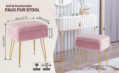 Tabouret de coiffeuse REDLIFE avec rangement en fausse fourrure, pouf de maquillage, meuble de commode avec pieds en métal doré pour chambre et salon