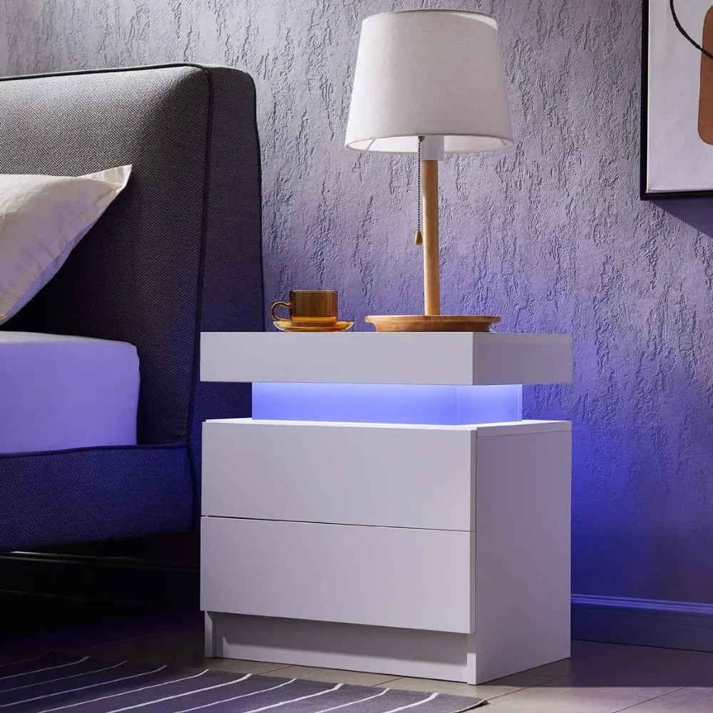 Table de chevet avec éclairage LED Tables de chevet pour les meubles de chambre à coucher Ensemble de 2 tables de chevet génériques à LED avec 2 tiroirs