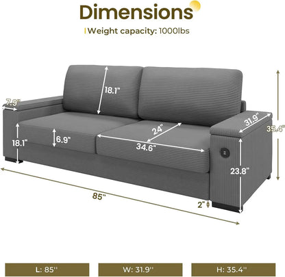 Canapé de salon moderne, canapé confortable, grand canapé deux personnes avec espace de rangement et 2 ports de chargement USB, housse de canapé amovible