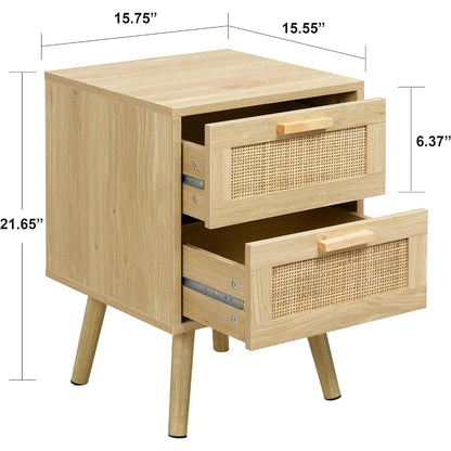 Table de chevet, table d'appoint, table d'appoint avec 2 tiroirs en rotin décorés à la main, ensemble de 2 tables de chevet, table d'appoint en bois avec rangement